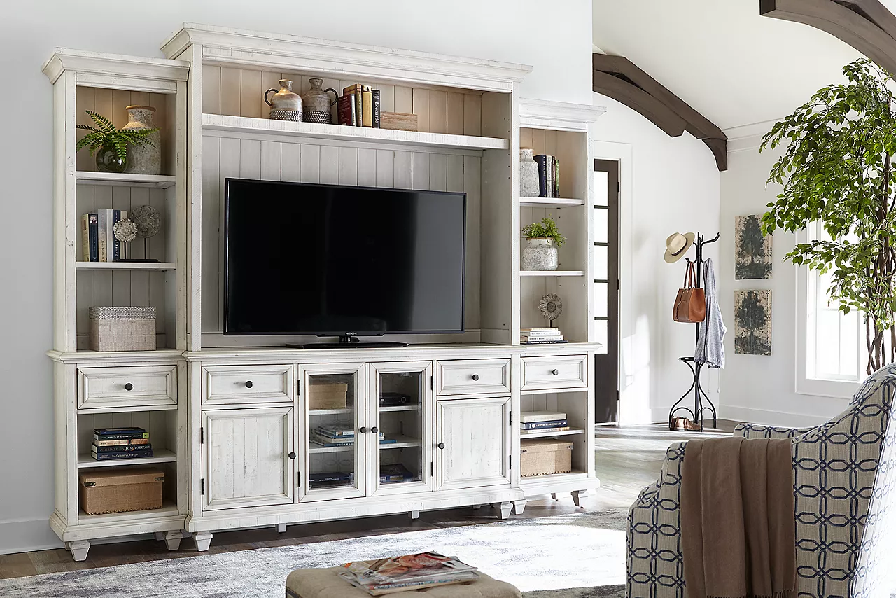 The Beckley entertainment wall in Alabaster in room scene.